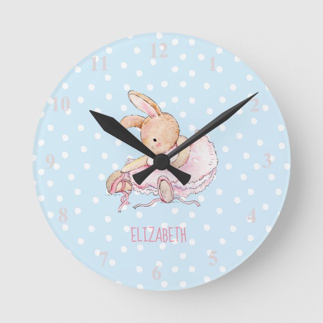 Cute Pretty Girly Ballerina Rabbit Girls Named Runde Wanduhr (Vorderseite)