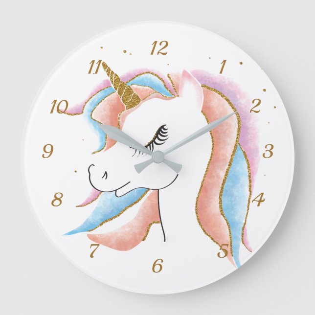 Cute Pretty Unicorn Pastel Gold Glitter Große Wanduhr (Vorderseite)