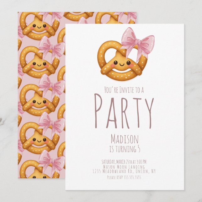 Cute Pretzel Girl Birthday Party Einladung (Vorne/Hinten)