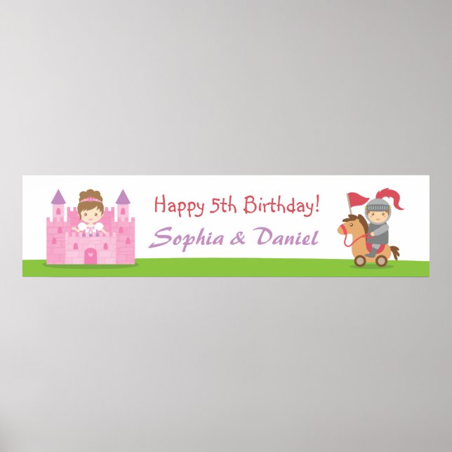 Cute Princess and Knight Birthday Party Banner Poster (Vorne)