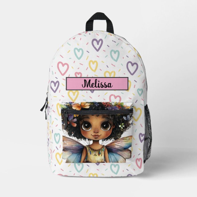 Cute Princess Fairy Black Girl Customizable Name  Bedruckter Rucksack (Vorderseite)