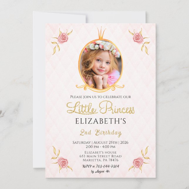 Cute Princess Theme Photo Birthday Party Einladung (Vorderseite)