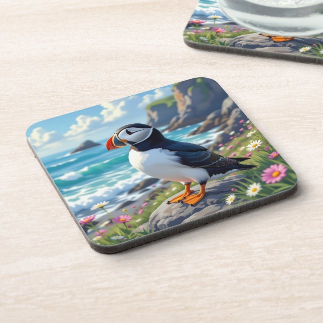 Cute Puffin on the Seashore themed   Getränkeuntersetzer (Linke Seite)
