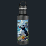 Cute Puffin on the Seashore themed Personalized Edelstahlflasche<br><div class="desc">A puffin themed personalized tumbler. A beautiful vibrant colorful ai illustration of a puffin watching the ocean waves by the sea shore surrounded by rocks,  dunes and flowers.</div>