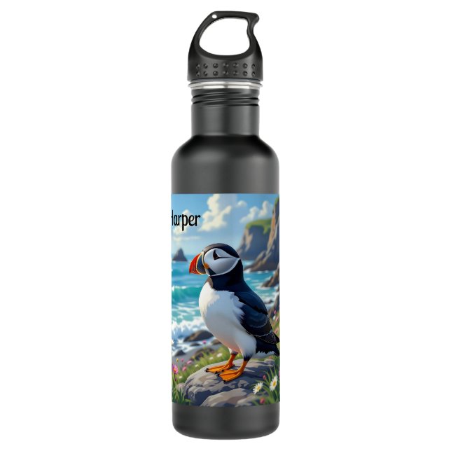 Cute Puffin on the Seashore themed Personalized Edelstahlflasche (Vorderseite)