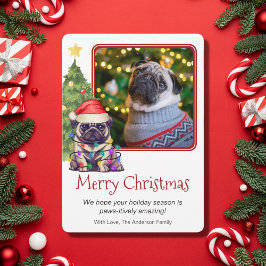 Cute Pug and Christmas Tree Pet Dog One Photo Feiertagskarte