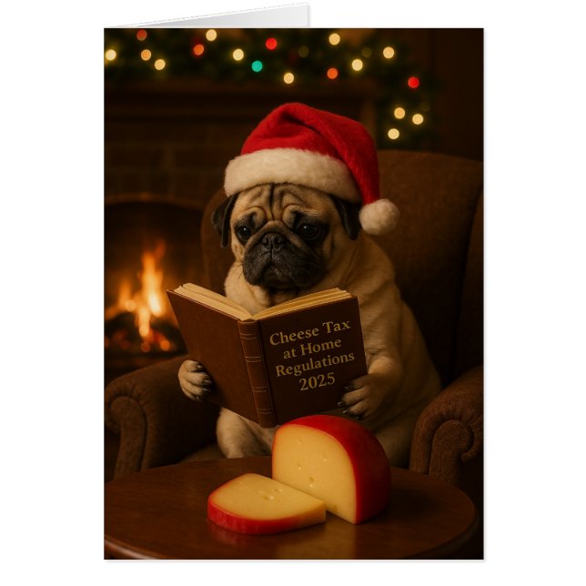 Cute Pug 'Cheese Tax' Christmas card (Devant)