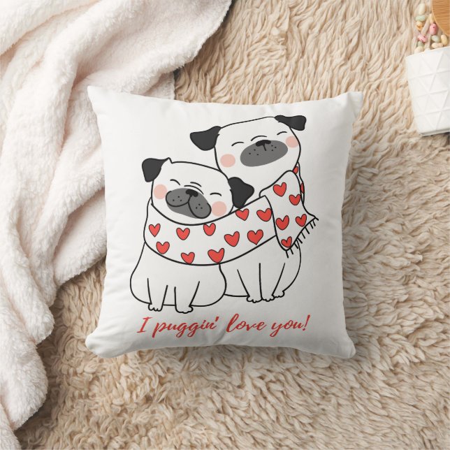 Cute Pug Couple with Hearts Illustration Kissen (Decke)