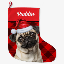 Cute Pug Dog Red Buffalo Plaid Custom Großer Weihnachtsstrumpf