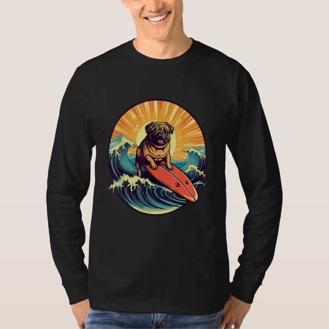 Cute Pug Dog Surfing Japanese Great Waves Surf Boa T-Shirt (Vorderseite)