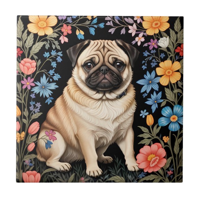 Cute Pug Elegant Colorful Floral Fliese (Vorderseite)