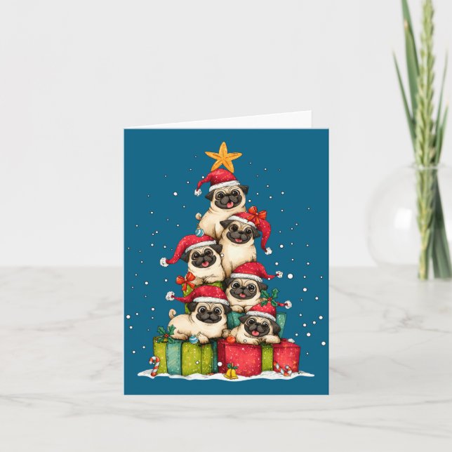Cute Pug Le Dog Christmas Tree Xmas Hat Long Sleev Karte (Vorderseite)