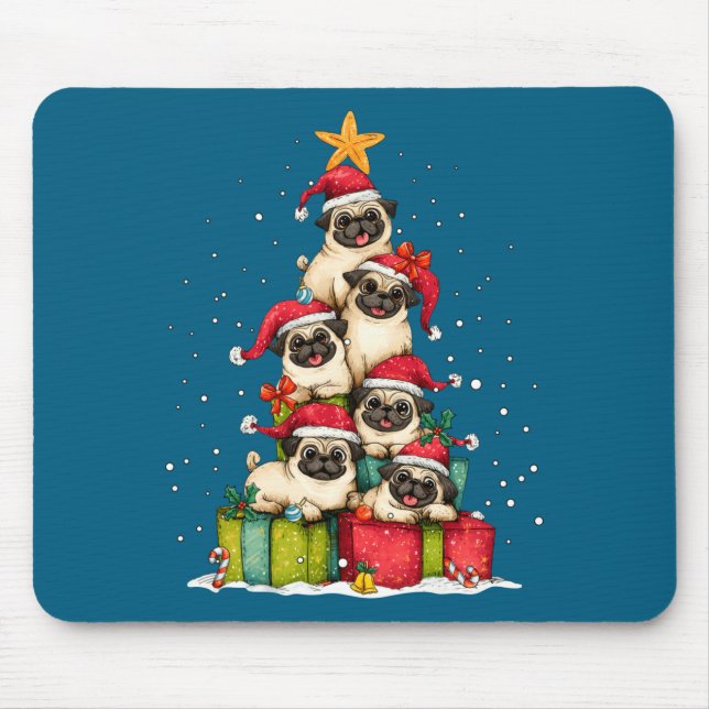 Cute Pug Le Dog Christmas Tree Xmas Hat Long Sleev Mousepad (Vorne)