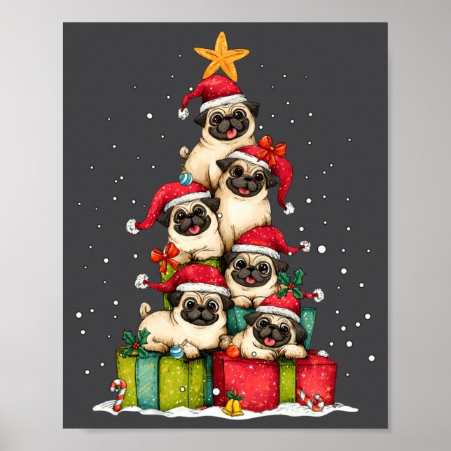 Cute Pug Le Dog Christmas Tree Xmas Hat Long Sleev Poster (Vorne)