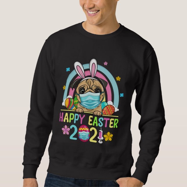Cute Pug Mask Bunny Ear Egg Basket Happy Easter Da Sweatshirt (Vorderseite)