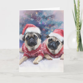 Cute Pugs Christmas Greeting Card  Feiertagskarte