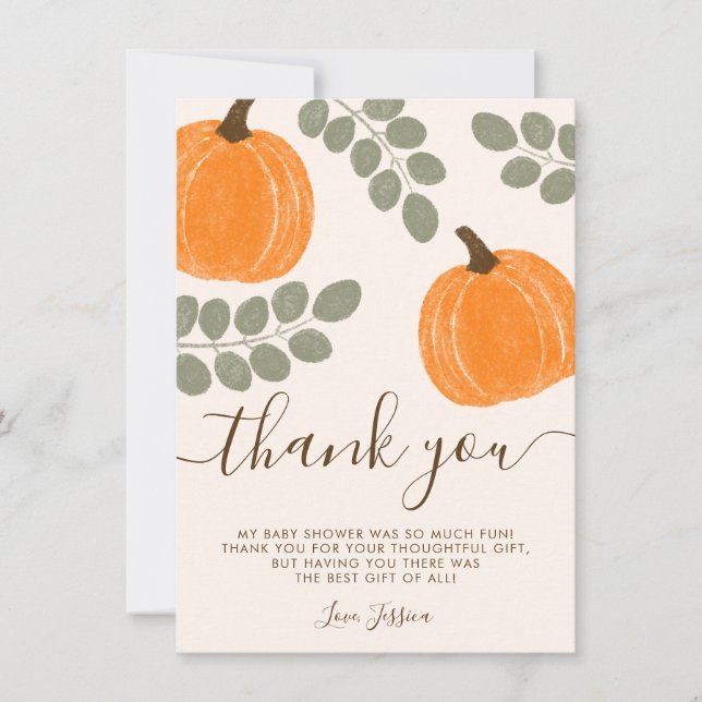 Cute Pumpkin Eucalyptus Fall Baby Shower Dankeskarte (Vorderseite)