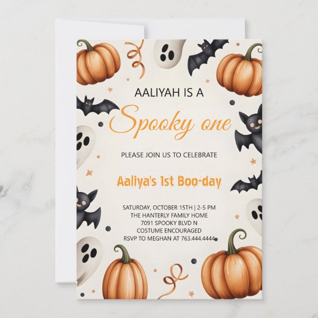 Cute Pumpkin & Ghost Halloween Birthday Invitation (Devant)