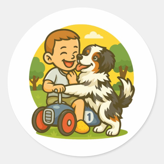 Cute Puppy and Kid Playtime Runder Aufkleber (Vorderseite)