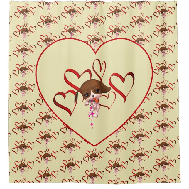 Cute Puppy And Red Hearts  Duschvorhang (Vorderseite)