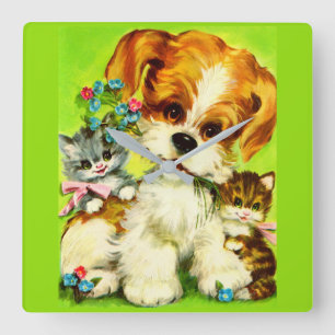 Cute Puppy and Smiling Kittens Quadratische Wanduhr