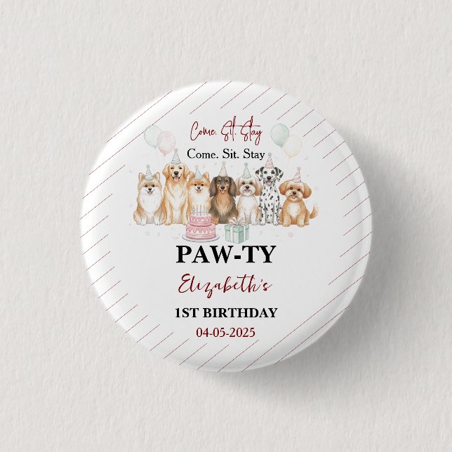Cute Puppy Dog Boy 1st Birthday | Pawty Time First Button (Vorderseite)