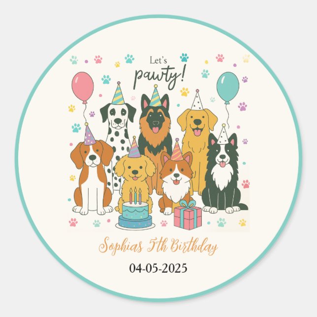 Cute Puppy Dogs Boy 5th Birthday Party Runder Aufkleber (Vorderseite)