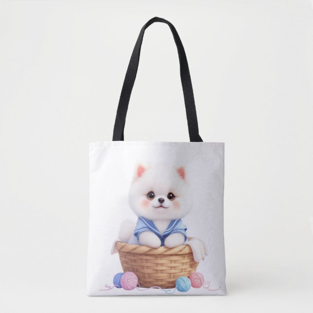 Cute Puppy in Basket Tote Tasche (Vorderseite)
