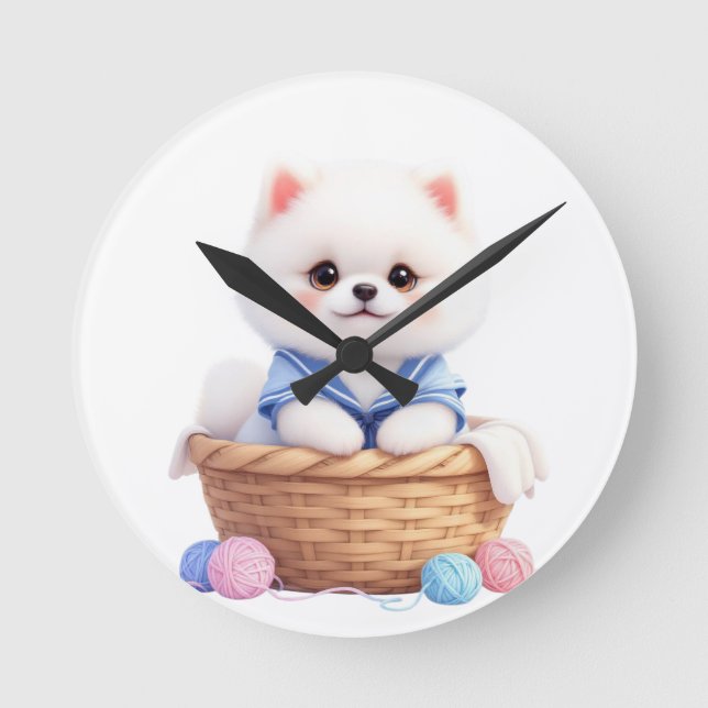 Cute Puppy in Basket Wall Clock Runde Wanduhr (Vorderseite)