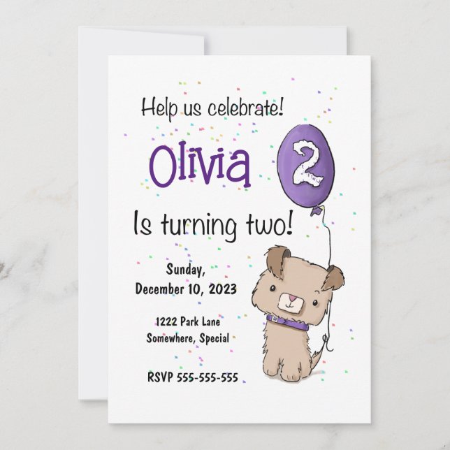 Cute Puppy, Invitation pour le 2e anniversaire, pe (Devant)