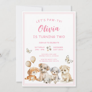 Cute Puppy Pawty Dog Pink Girl Birthday Party Einladung