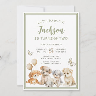 Cute Puppy Pawty Dog Sage Green Boy Birthday Party Einladung