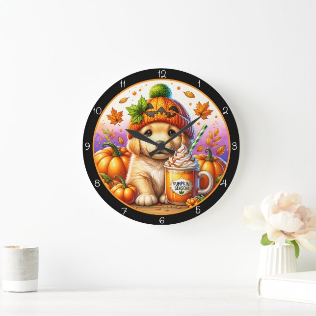 Cute Puppy Pumpkin Season Fall Theme Große Wanduhr (Zuhause)
