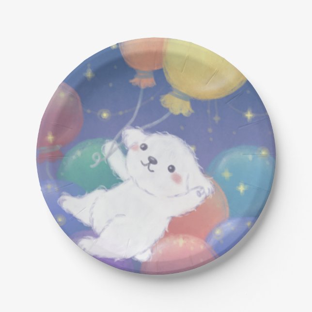 Cute Puppy with Balloons & Stars Pappteller (Vorderseite)