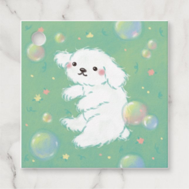 Cute Puppy with Bubbles and Flowers Geschenkanhänger (Vorderseite)