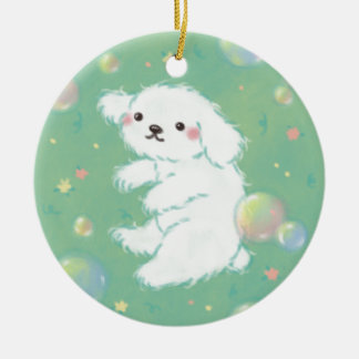 Cute Puppy with Bubbles and Flowers Keramik Ornament