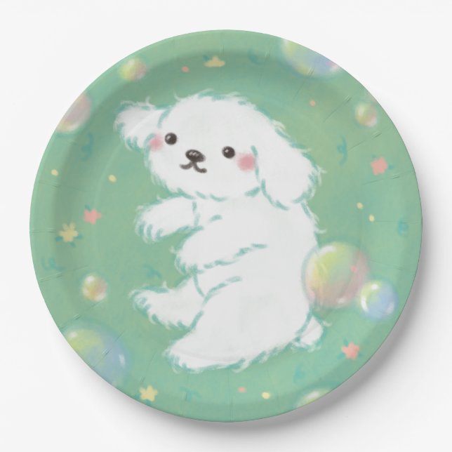 Cute Puppy with Bubbles and Flowers Pappteller (Vorderseite)
