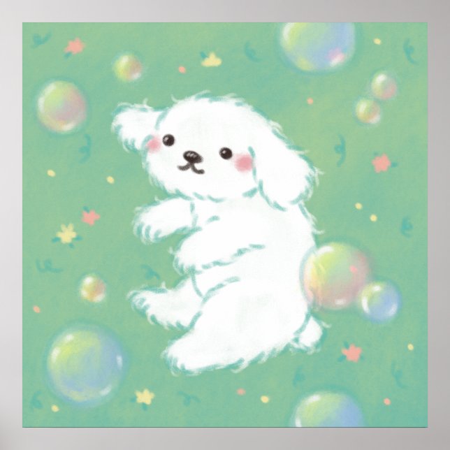 Cute Puppy with Bubbles and Flowers Poster (Vorne)