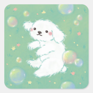 Cute Puppy with Bubbles and Flowers Quadratischer Aufkleber