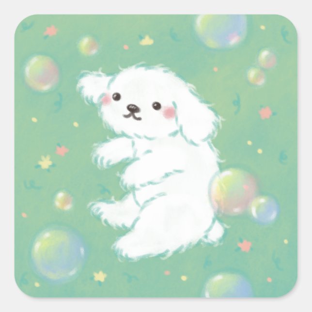 Cute Puppy with Bubbles and Flowers Quadratischer Aufkleber (Vorderseite)