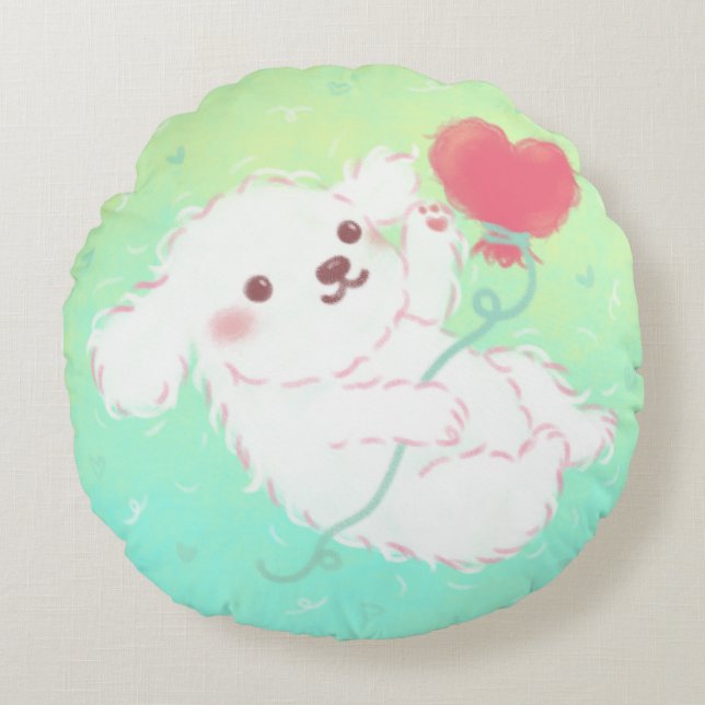 Cute Puppy with Heart Balloon Rundes Kissen (Vorderseite)