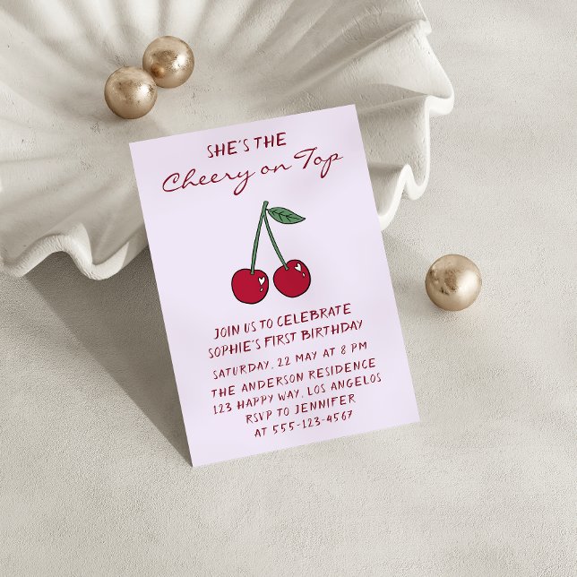 Cute Purple Cherry on Top First Birthday Einladung (Von Creator hochgeladen)