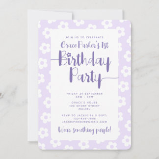 Cute Purple Daisy Pattern 1st Birthday Party Einladung