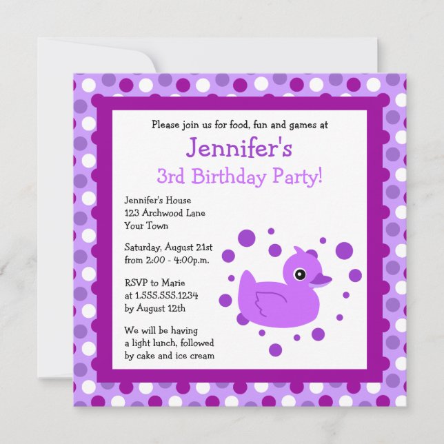 Cute Purple Ducky avec Pois Invitation d'anniversa (Devant)