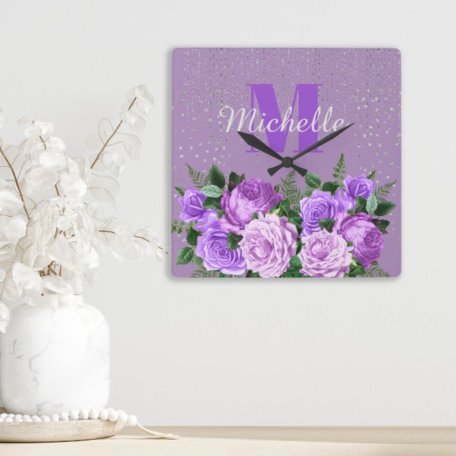 Cute Purple Floral Silver Glitter Monogram   Quadratische Wanduhr (Purple floral monogram wall clock. Personalize with your name and initial)