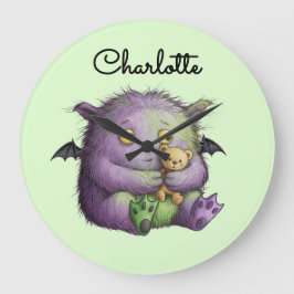 Cute Purple Green Fluffy Monster Buddy Große Wanduhr