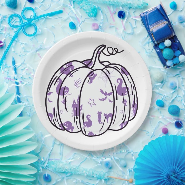 Cute Purple Halloween Icons in Pumpkin Pappteller (Party)
