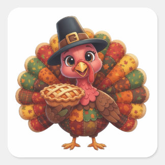Cute Quilted Patchwork Turkey | Pilgrim Hat Pie Quadratischer Aufkleber