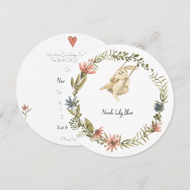 Cute Rabbit Animal Baby Girl Announcement Card Einladung (Vorne/Hinten)