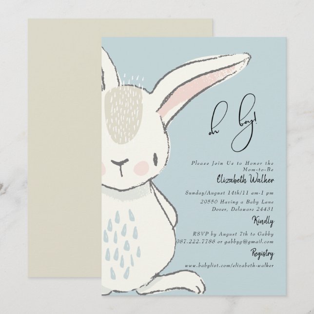Cute Rabbit Dusty Baby shower bleu Invitation (Devant / Derrière)